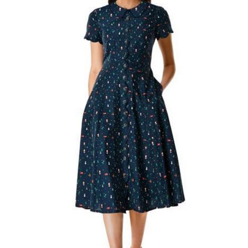 Scallop detail Christmas print cotton shirtdress